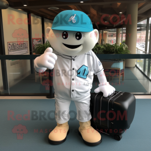 Cyan Baseball Glove mascot costume character dressed with a T-Shirt and Briefcases