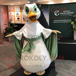 Forest Green Gosling mascot costume character dressed with a Wedding Dress and Shawl pins