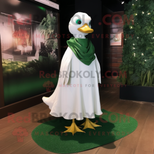 Forest Green Gosling mascot costume character dressed with a Wedding Dress and Shawl pins