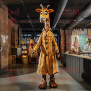 Rust Giraffe mascot costume character dressed with a Maxi Dress and Suspenders