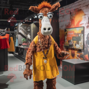Rust Giraffe mascot costume character dressed with a Maxi Dress and Suspenders