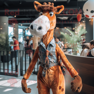 Rust Giraffe mascot costume character dressed with a Maxi Dress and Suspenders