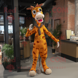 Rust Giraffe mascot costume character dressed with a Maxi Dress and Suspenders