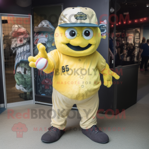 Yellow Frankenstein'S Monster mascot costume character dressed with a Baseball Tee and Hat pins