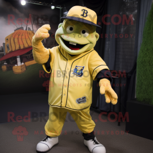 Yellow Frankenstein'S Monster mascot costume character dressed with a Baseball Tee and Hat pins