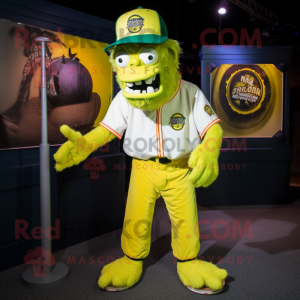 Yellow Frankenstein'S Monster mascot costume character dressed with a Baseball Tee and Hat pins