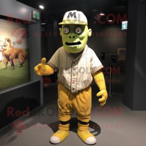Yellow Frankenstein'S Monster mascot costume character dressed with a Baseball Tee and Hat pins