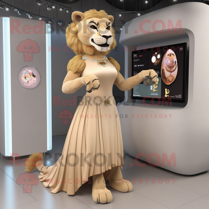 Tan Smilodon mascot costume character dressed with a Ball Gown and Digital watches