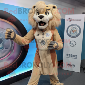 Tan Smilodon mascot costume character dressed with a Ball Gown and Digital watches