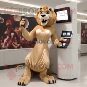 Tan Smilodon mascot costume character dressed with a Ball Gown and Digital watches