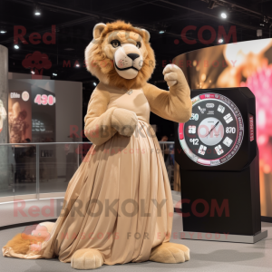 Tan Smilodon mascot costume character dressed with a Ball Gown and Digital watches