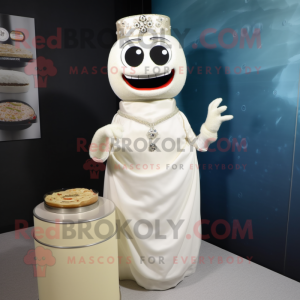 Cream Sushi mascot costume character dressed with a Wedding Dress and Bracelet watches