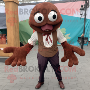 Brown Kraken mascot costume character dressed with a Henley Tee and Bow ties