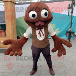 Brown Kraken mascot costume character dressed with a Henley Tee and Bow ties