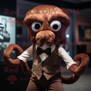 Brown Kraken mascot costume character dressed with a Henley Tee and Bow ties
