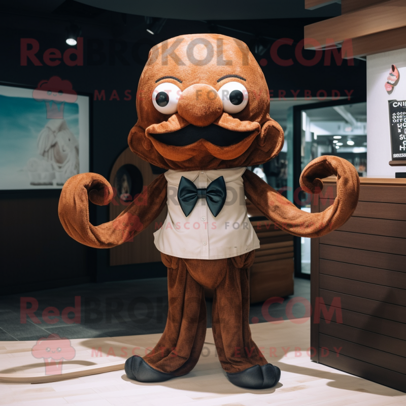 Brown Kraken mascot costume character dressed with a Henley Tee and Bow ties