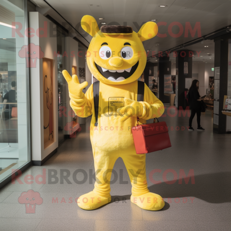 Yellow Devil mascot costume character dressed with a Mom Jeans and Wallets Yellow Devil mascot costume character dressed with a Mom Jeans and Wallets