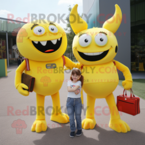 Yellow Devil mascot costume character dressed with a Mom Jeans and Wallets