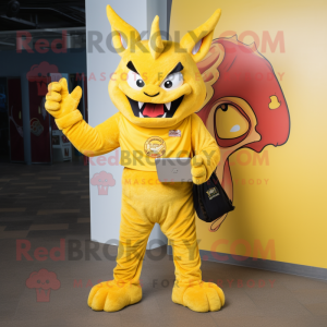Yellow Devil mascot costume character dressed with a Mom Jeans and Wallets
