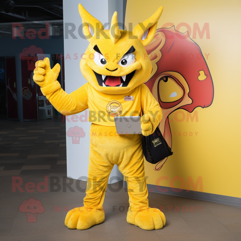 Yellow Devil mascot costume character dressed with a Mom Jeans and Wallets Yellow Devil mascot costume character dressed with a Mom Jeans and Wallets