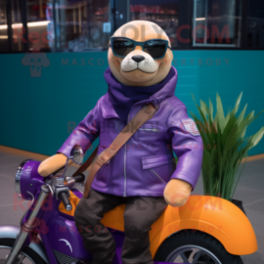 Purple Sea Lion mascot costume character dressed with a Moto Jacket and Eyeglasses