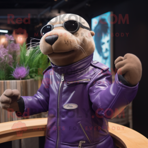 Purple Sea Lion mascot costume character dressed with a Moto Jacket and Eyeglasses