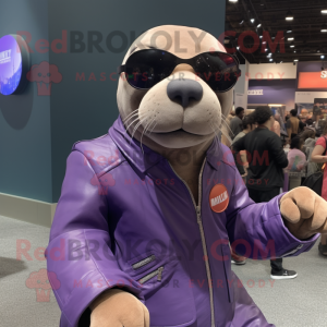 Purple Sea Lion mascot costume character dressed with a Moto Jacket and Eyeglasses