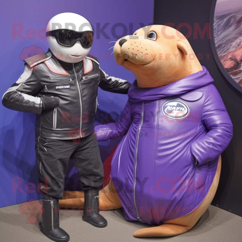 Purple Sea Lion mascot costume character dressed with a Moto Jacket and Eyeglasses