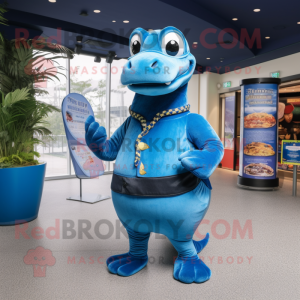 Blue Titanoboa mascot costume character dressed with a Suit and Coin purses