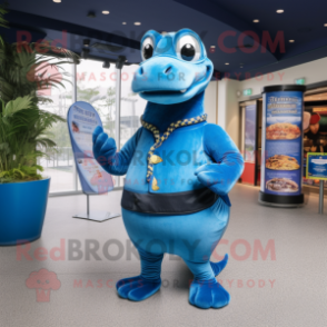 Blue Titanoboa mascot costume character dressed with a Suit and Coin purses