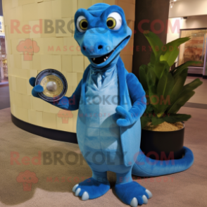 Blue Titanoboa mascot costume character dressed with a Suit and Coin purses