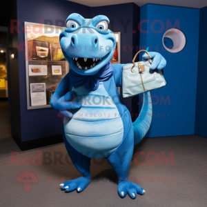 Blue Titanoboa mascot costume character dressed with a Suit and Coin purses