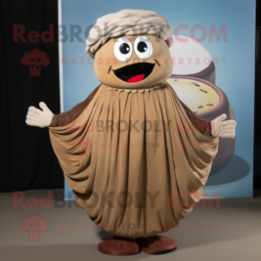 Brown Clam Chowder mascot costume character dressed with a Maxi Dress and Belts