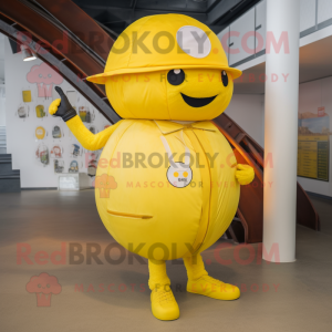 Lemon Yellow Human Cannon Ball mascot costume character dressed with a Playsuit and Hat pins