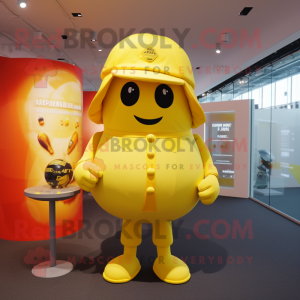 Lemon Yellow Human Cannon Ball mascot costume character dressed with a Playsuit and Hat pins