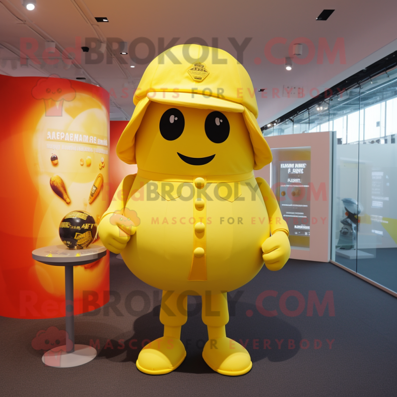 Lemon Yellow Human Cannon Ball mascot costume character dressed with a Playsuit and Hat pins Lemon Yellow Human Cannon Ball mascot costume character dressed with a Playsuit and Hat pins