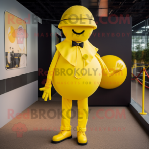 Lemon Yellow Human Cannon Ball mascot costume character dressed with a Playsuit and Hat pins