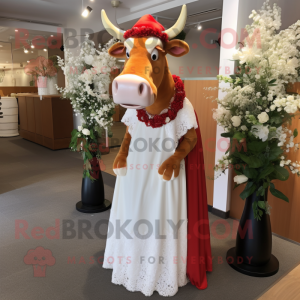 Red Guernsey Cow mascot costume character dressed with a Wedding Dress and Hat pins