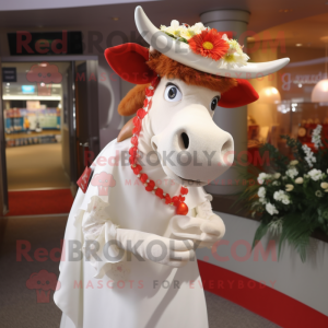 Red Guernsey Cow mascot costume character dressed with a Wedding Dress and Hat pins