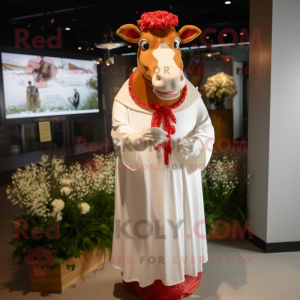 Red Guernsey Cow mascot costume character dressed with a Wedding Dress and Hat pins