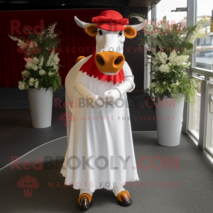 Red Guernsey Cow mascot costume character dressed with a Wedding Dress and Hat pins