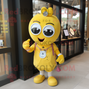 Yellow Aglet mascot costume character dressed with a Blouse and Bracelet watches