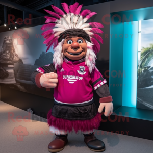 Magenta Chief mascot costume character dressed with a Rugby Shirt and Scarves