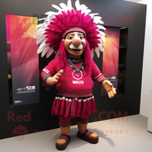 Magenta Chief mascot costume character dressed with a Rugby Shirt and Scarves