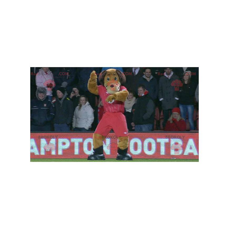 Hnědý pes maskot v červené sportovní oblečení - Redbrokoly.com Hnědý pes maskot v červené sportovní oblečení - Redbrokoly.com