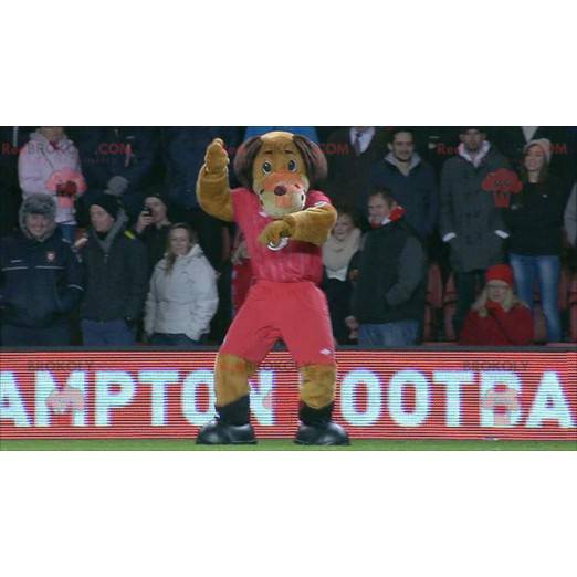Mascotte cane marrone in abiti sportivi rossi - Redbrokoly.com