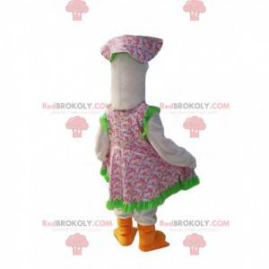 Gansmascotte met een landelijke jurk. Gans kostuum -