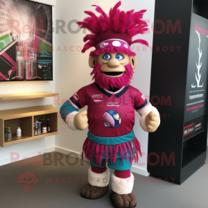 Magenta Chief mascot costume character dressed with a Rugby Shirt and Scarves