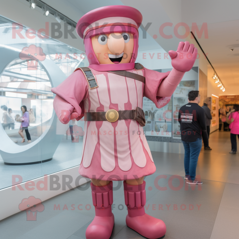 Pink Roman Soldier mascot costume character dressed with a Chambray Shirt and Rings