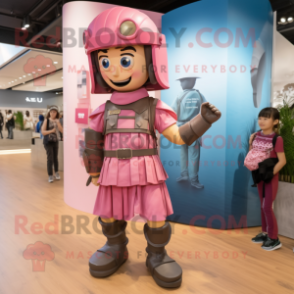 Pink Roman Soldier mascot costume character dressed with a Chambray Shirt and Rings